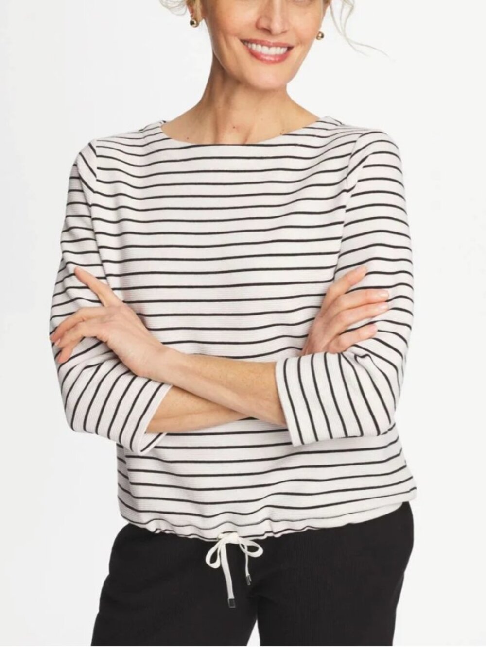 NWT Chico's Striped Ottoman Drawstring Top SZ 4 XXL Cream/Black 3/4 Sleeve Relax